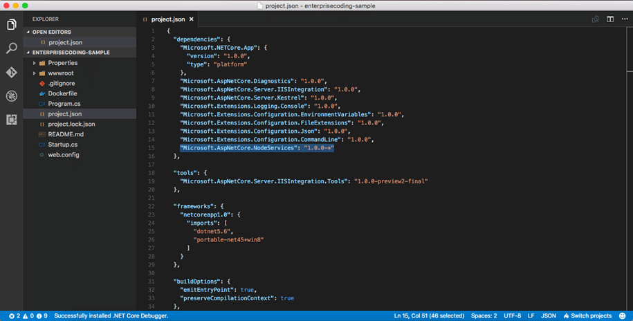 Microsoft.AspNetCore.NodeServices’i kullanabilmek için öncelikle project.json dosyasına bağımlılığını eklemelisiniz