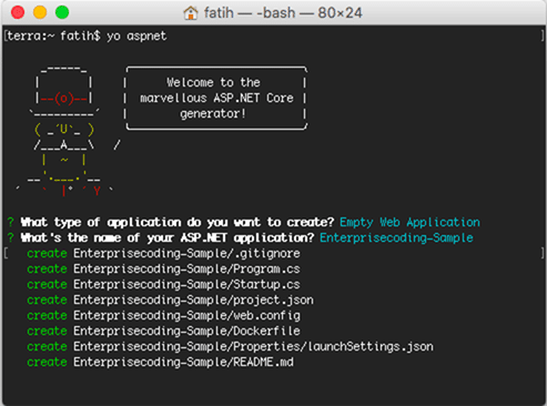 komut satırından Asp.Net Yeoman generator'ü yardımıyla boş bir web uygulaması oluşturalım