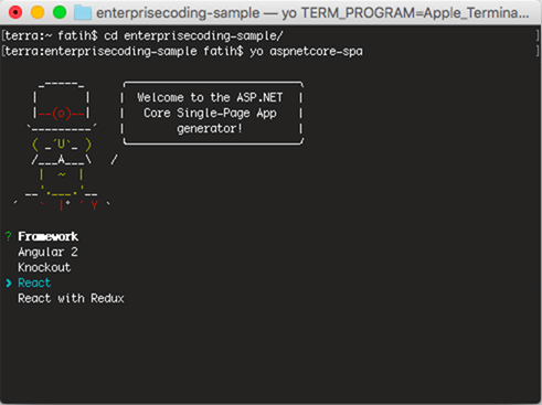 Yeoman generator'de Framework olarak React seçelim