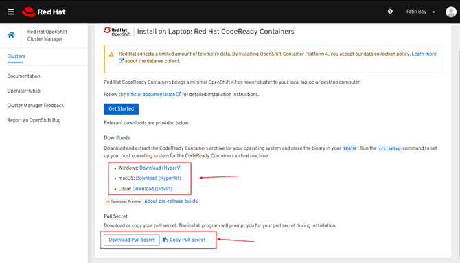 RedHat CodeReady Containers indirme sayfası